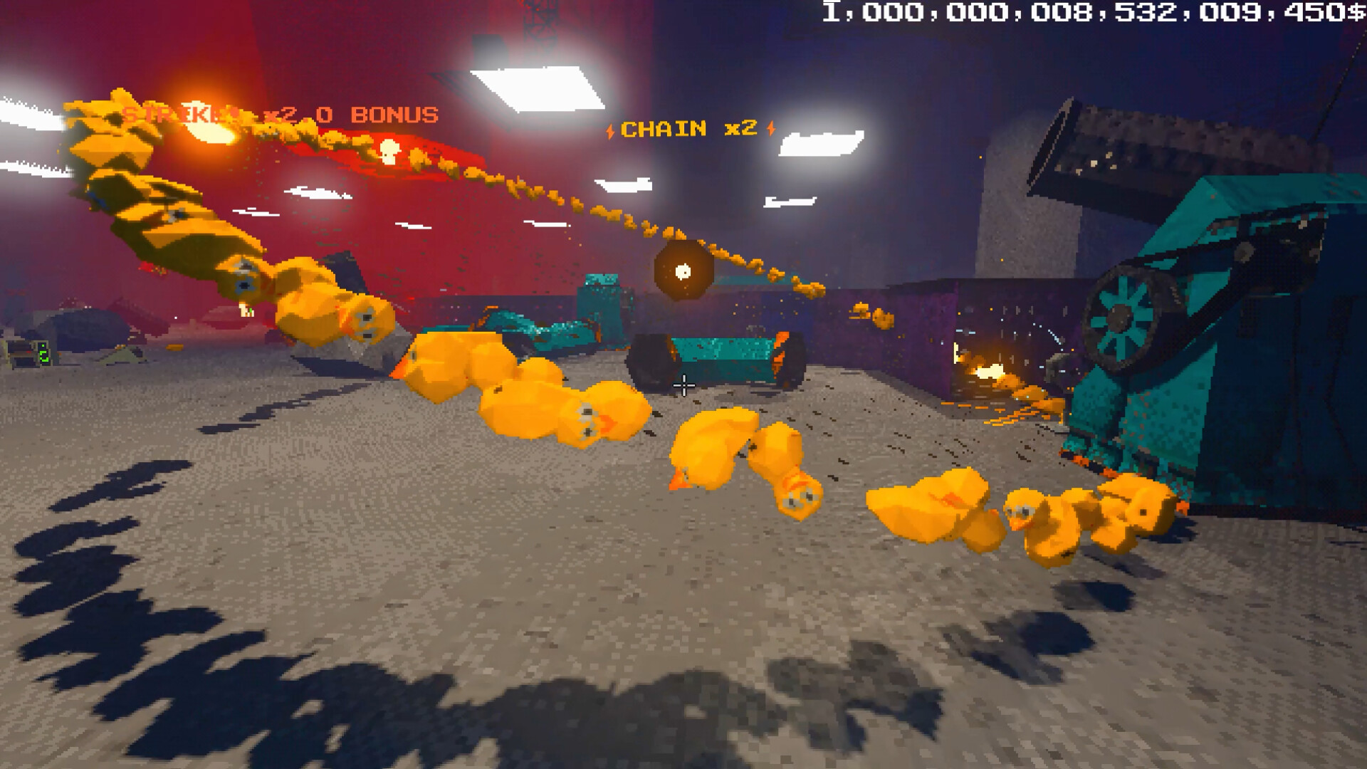 Official Project P.I.T.T. screenshot of yellow ducks moving through a fan-filled facility scene.